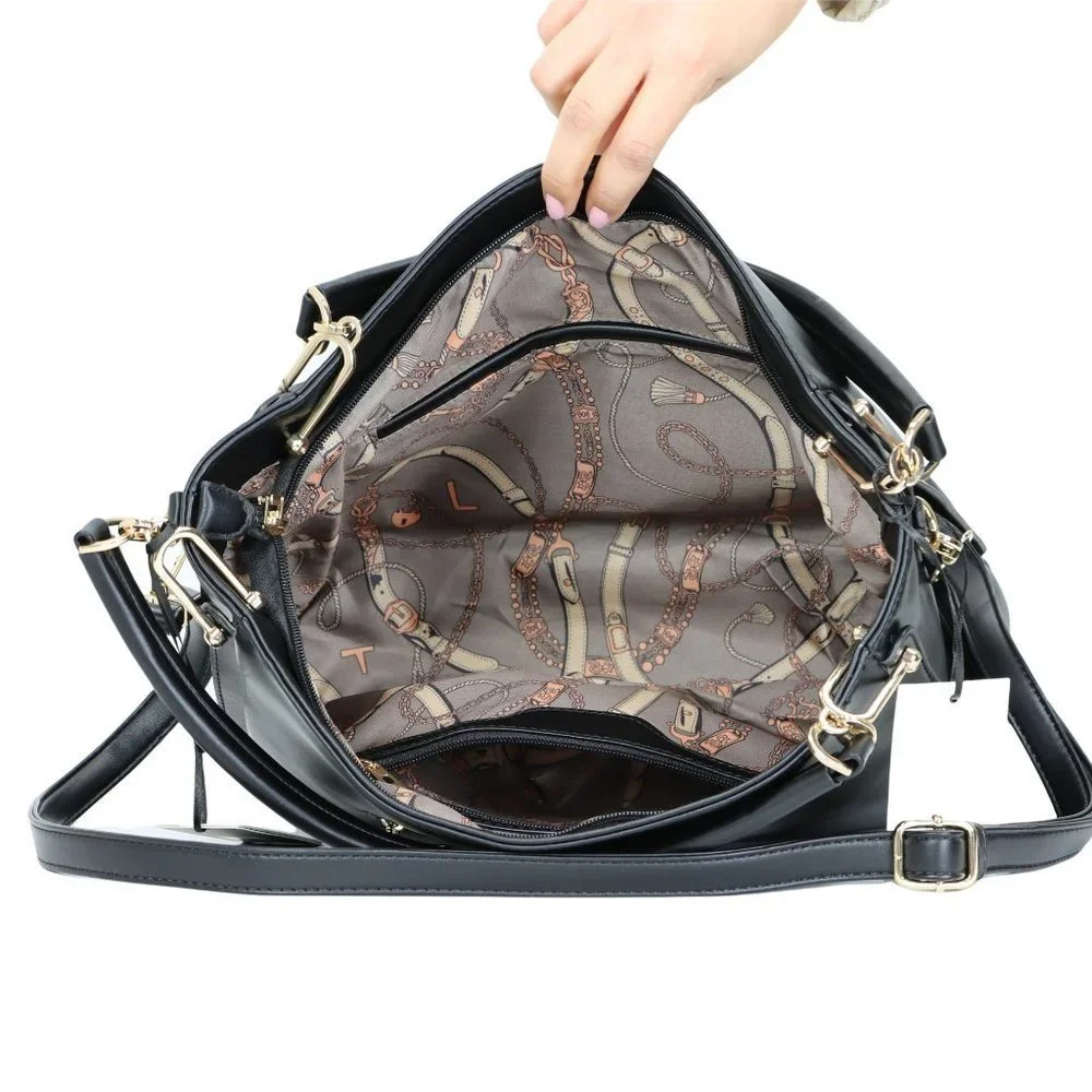 Black Faux Leather Purse and Wallet 2 in 1 Set Tote Hobo Bucket Shoulder Bag - Picture 7 of 12